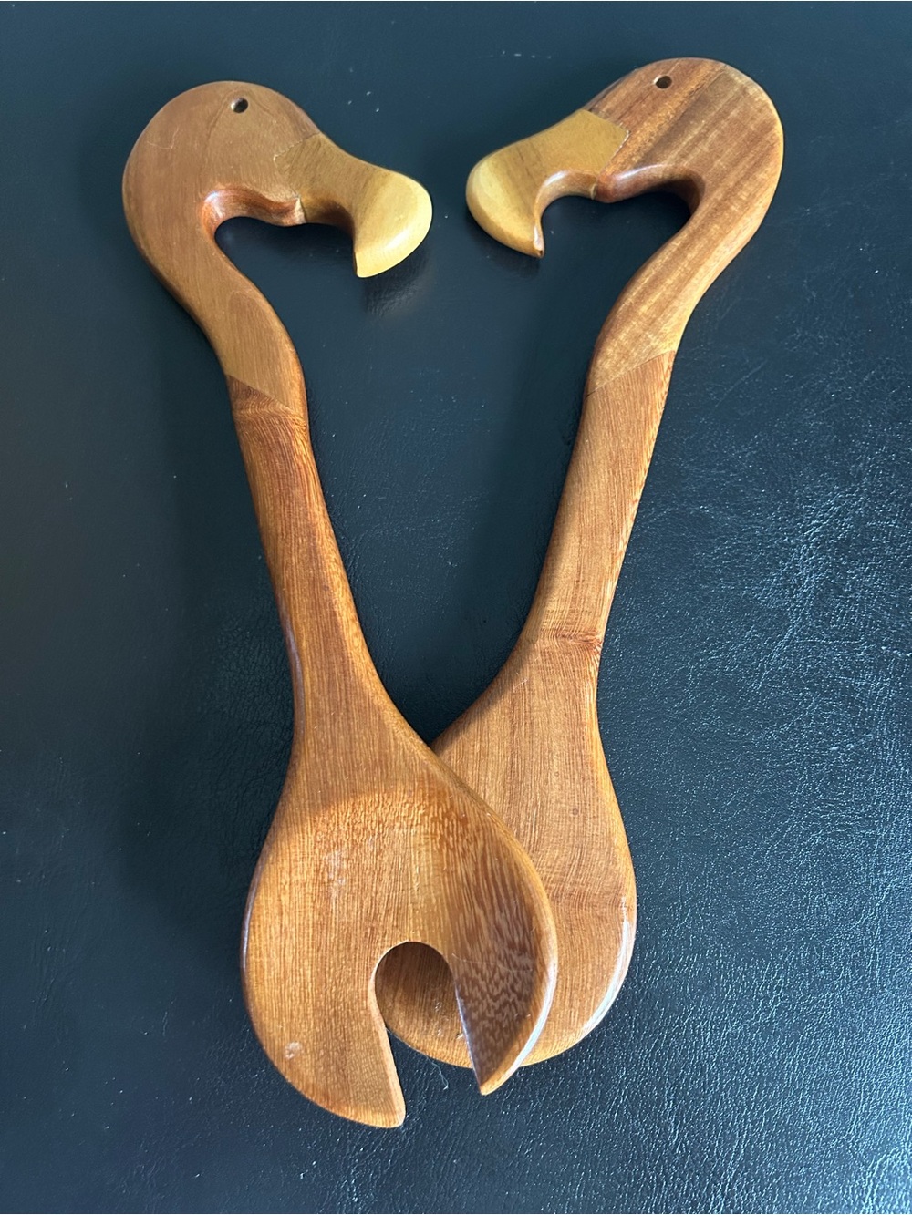Vintage Carved Wood Flamingo Shaped Salad Utensils